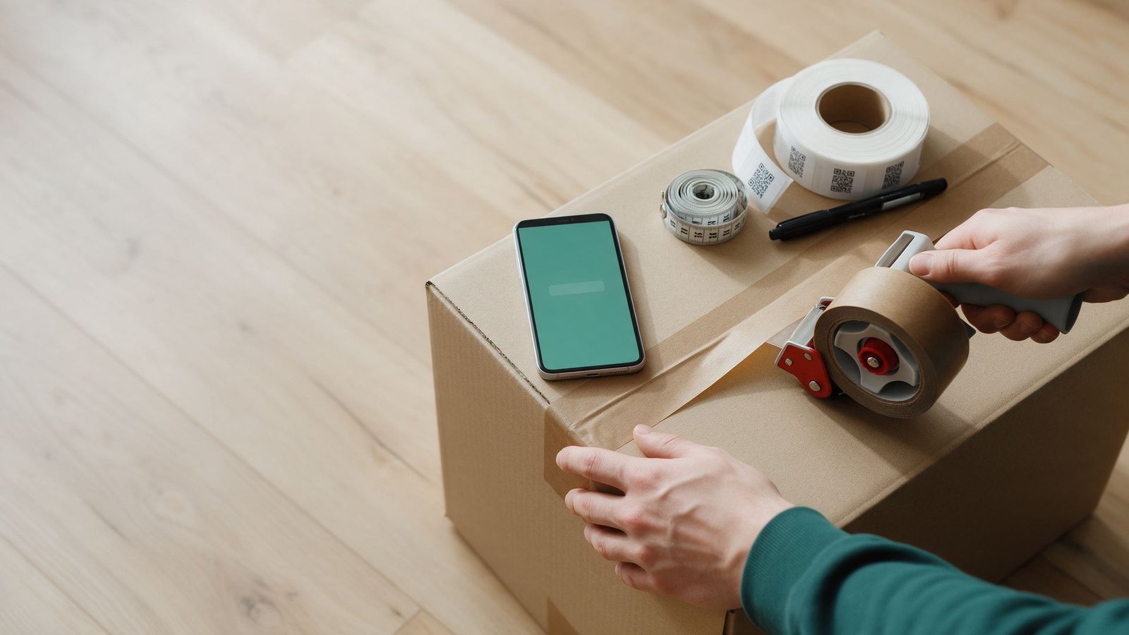 Hands taping a moving box next to a phone, a tape measure and a roll of QR labels