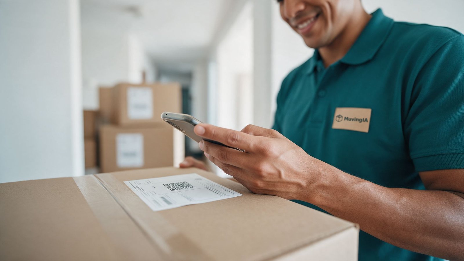 MuvingIA crew member scanning a box's QR code with a phone