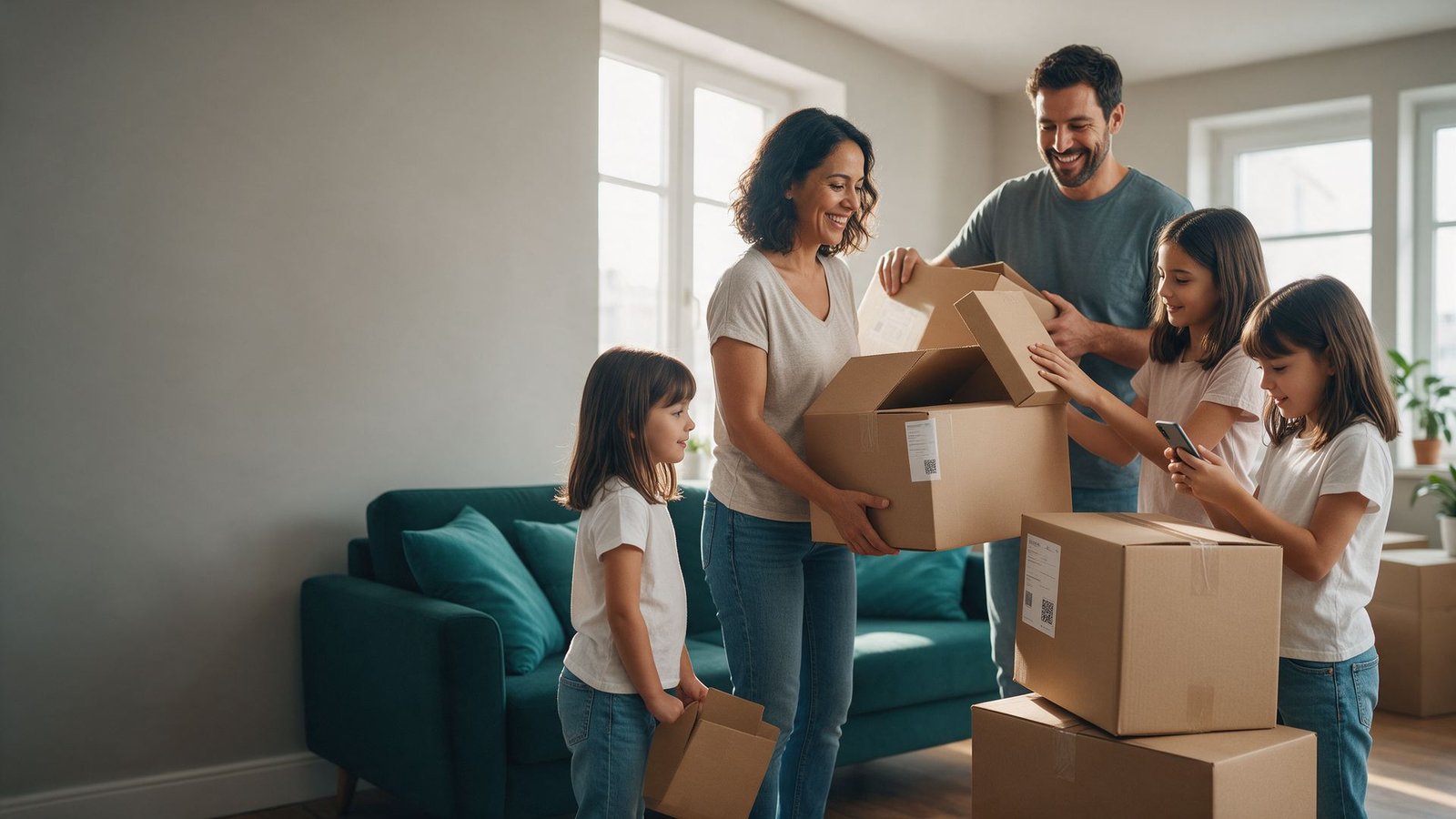 Smiling family opening QR-labeled moving boxes in their new apartment